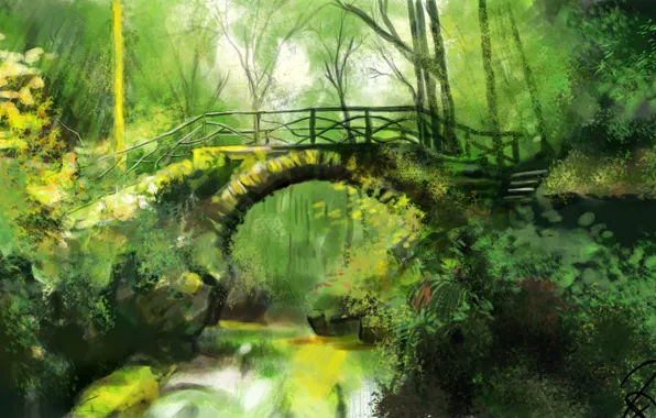 Greens, forest, bridge, nature, art, Antonio Rodriguez Pacheco