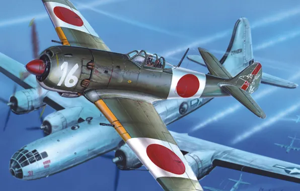 The sky, figure, fighter, art, bombers, aircraft, Japanese, WW2