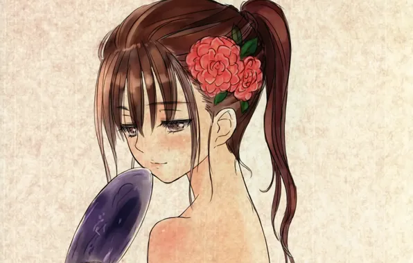 Flowers, fan, girl, shoulders, art, bangs, tony taka