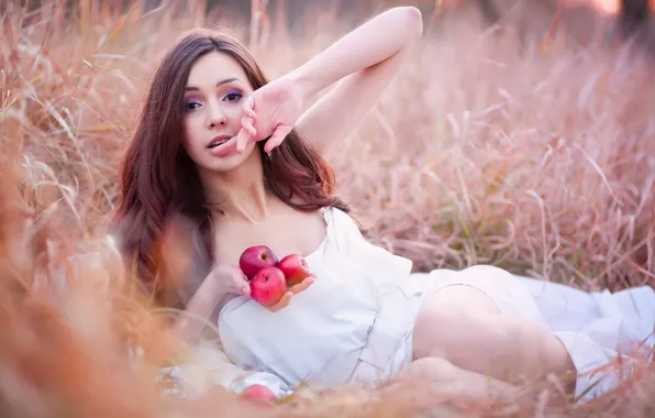 Girl, pose, apples