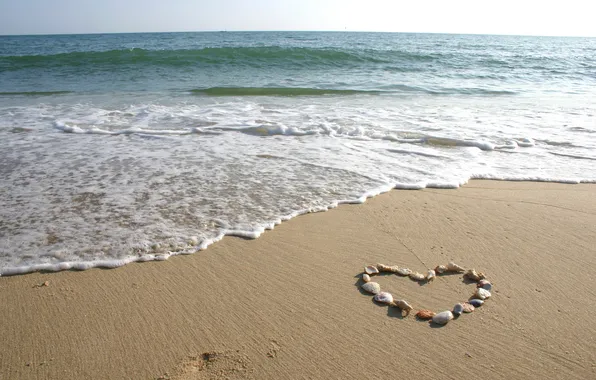 Picture sea, wave, beach, landscape, shore, heart, shell