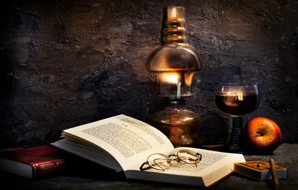 Books, lamp, Apple, glasses, Burning the midnight oil