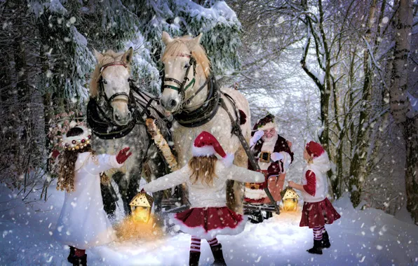 Picture winter, joy, children, meeting, Christmas, horse, gifts, team