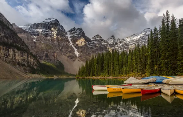 Clouds, trees, mountains, lake, reflection, boats, pier, Canada