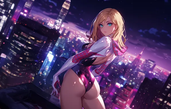 Spider-man, night, new york, spider man, gwen stacy, spider gwen, Gwen Stacy, Gwen the Spider