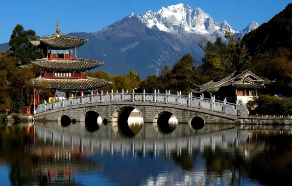 Trees, mountains, bridge, river, China, pagoda