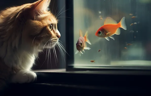 Picture Aquarium, Cat, Cat, Fish, Digital art, AI art, The Art of Artificial Intelligence, Neural network