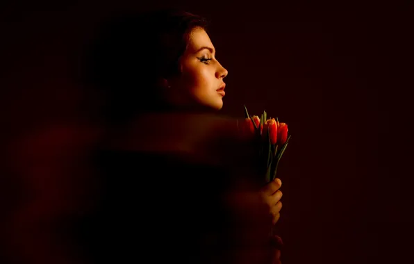 FLOWERS, PROFILE, BOUQUET, FACE, TULIPS, PORTRAIT