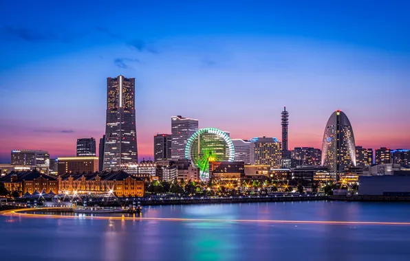 Sea, Night, The city, Skyscrapers, Beauty, Mirai, Yokohama, Minato