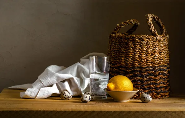 Water, glass, table, lemon, eggs, towel, drink, bowl