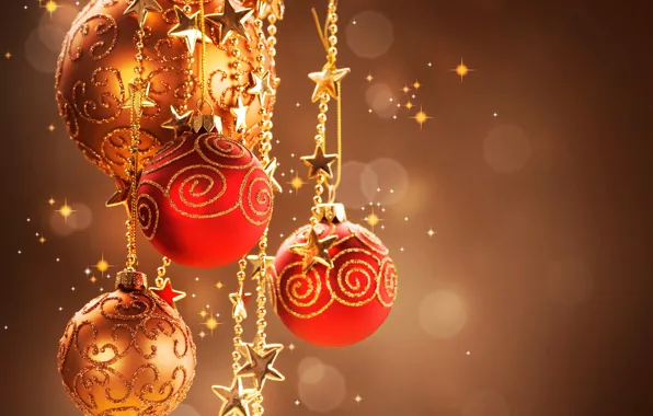Stars, balls, toys, New Year, Christmas, red, Christmas, gold