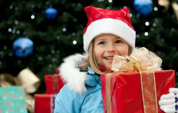 Children, smile, holiday, box, gift, new year, jacket, girl
