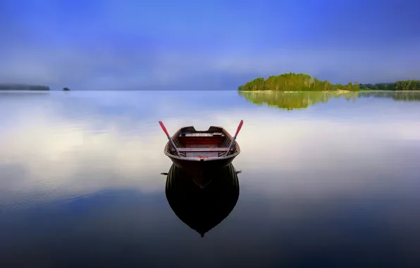 Picture lake, reflection, boat, Finland, Karijarve