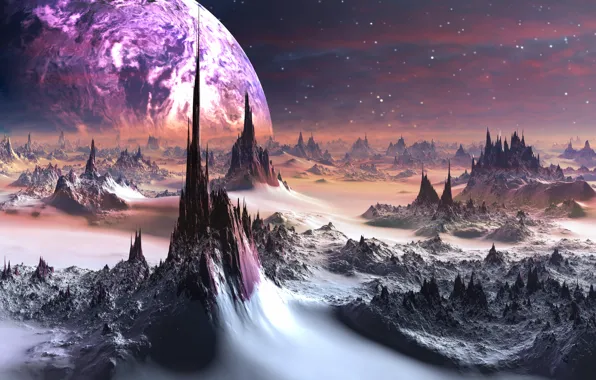 Stars, fog, rocks, planet