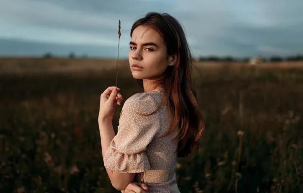 Girl, a blade of grass, in the field, Juliana Naidenova