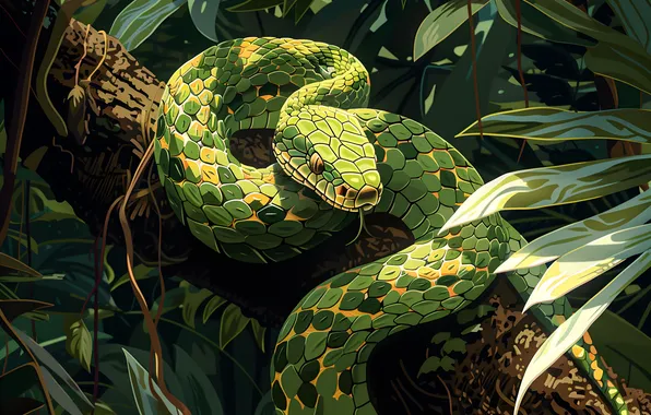 Tree, Language, Snake, Leaves, Jungle, Art, Reptile, Animal