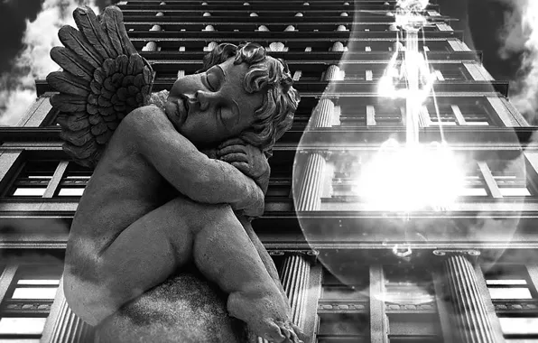 Picture light bulb, black and white, Angel, sculpture, architecture, monochrome, skyscraper, pilasters