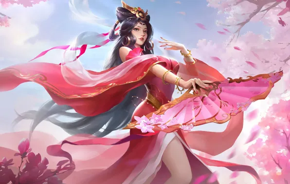 Girl, decoration, anime, fan, beauty, gesture, blue sky, fantasy art