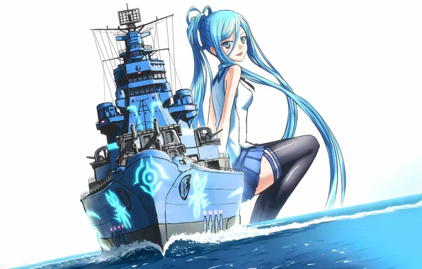 Girl, sexy, school uniform, thighhighs, long hair, legs, sea, anime