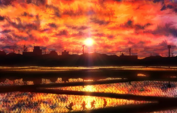 Picture the sun, sunset, children, posts, wire, field, anime, art