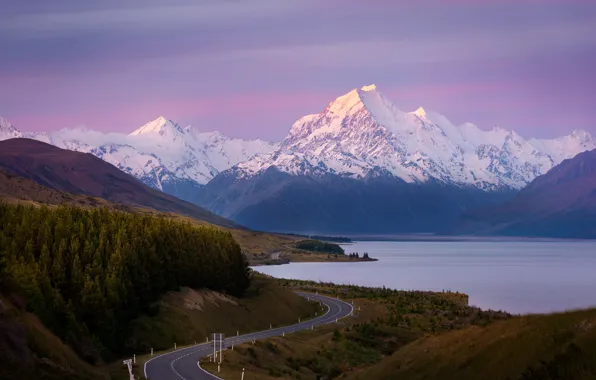Road, snow, mountains, lake, tops