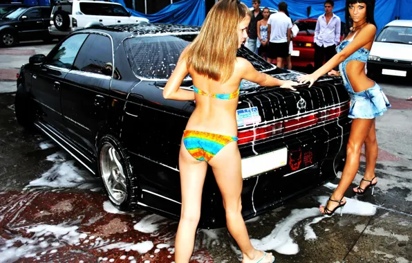Look, girls, Toyota, sink, Erotic, black car
