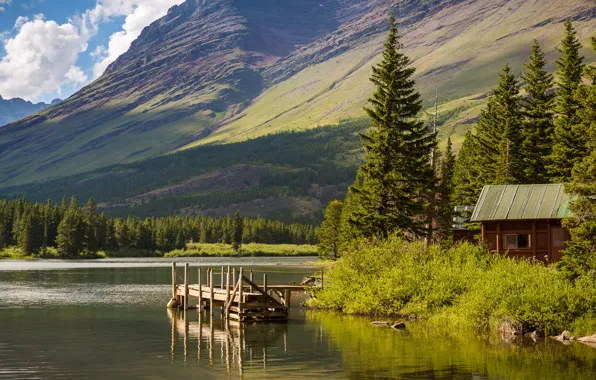 The sky, trees, mountains, lake, house, USA, the bridge, Glacier National Park