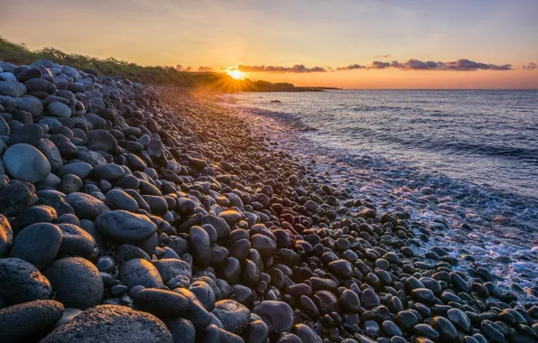 Picture Sunset, The sun, The evening, Shore, Stones, Dal, Slope, The sky