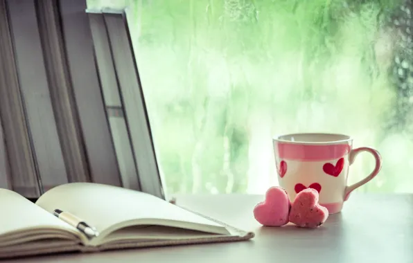 Book, Mug, Hearts, Mood