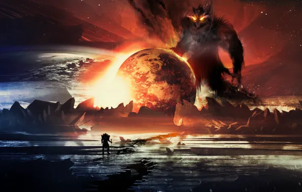 Planet, glow, monster, art