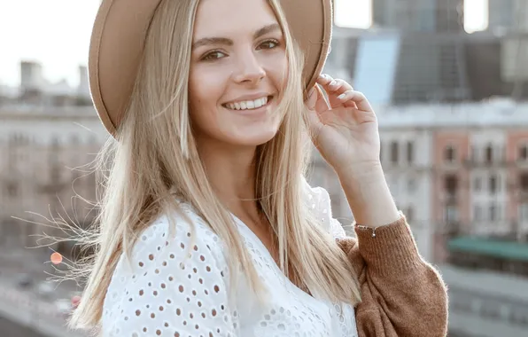 Smile, hat, blonde, blurred background, Oksana Bogdanets