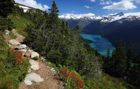 Forest, mountains, lake, Canada, Canada, British Columbia, path, Coast Mountains