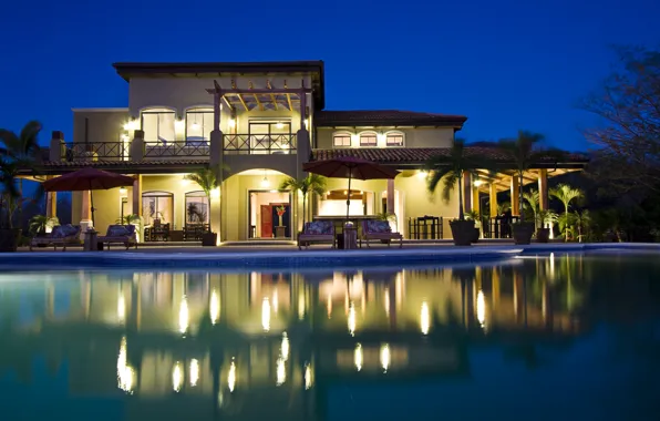 Night, Villa, pool, lighting, architecture, mansion