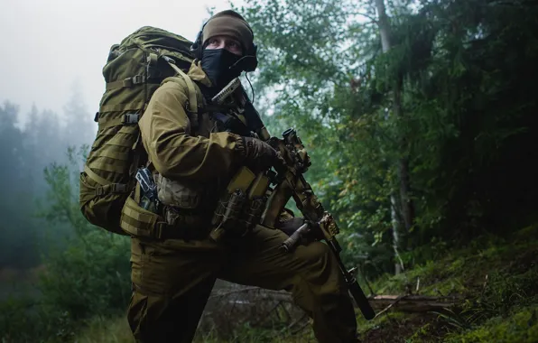 Forest, soldiers, equipment, Kalashnikov