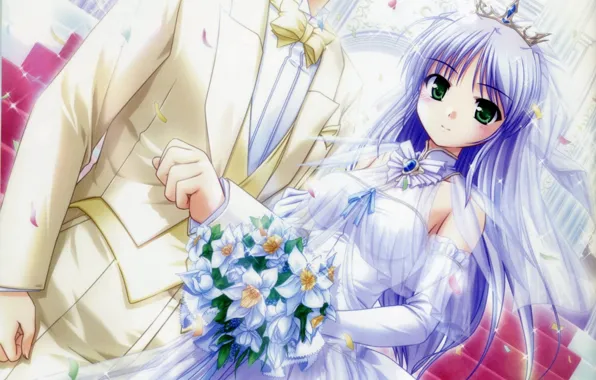 Bouquet, crown, petals, stage, gloves, the bride, white dress, veil