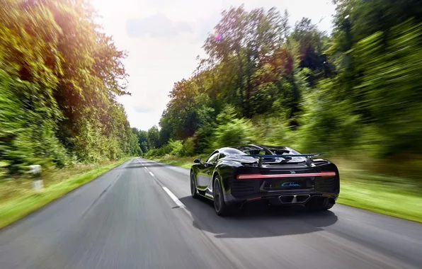 Picture car, Bugatti, logo, supercar, speed, asphalt, vegetation, Chiron