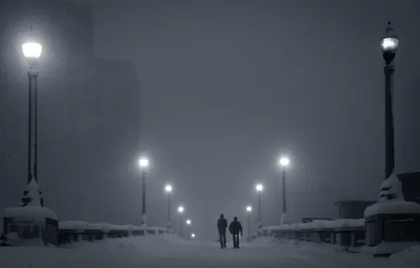 Winter, snow, night, lights, fog, people, home, lights