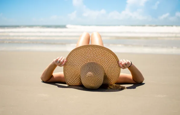 Picture sea, beach, summer, girl, tan, hat, legs