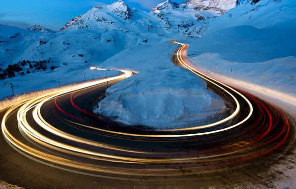 Snow, light trails, photography, winter, night, long exposure, road, nature