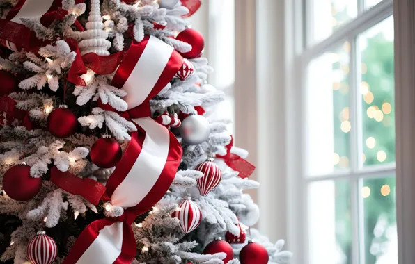 Frost, balls, strips, tape, window, Christmas, red, New year