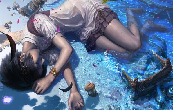 Sea, water, the crash, the situation, anime, art, girl