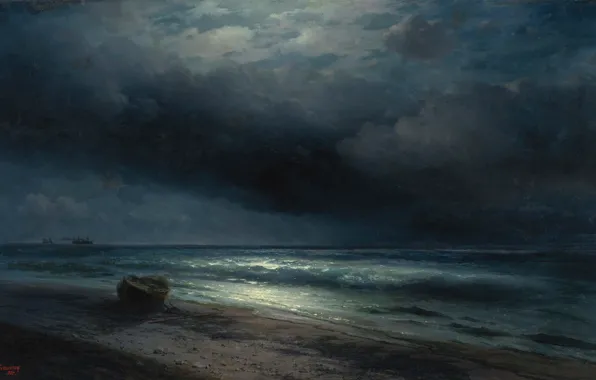 Wave, light, clouds, shore, boat, horizon, Aivazovsky, moonlit night at sea