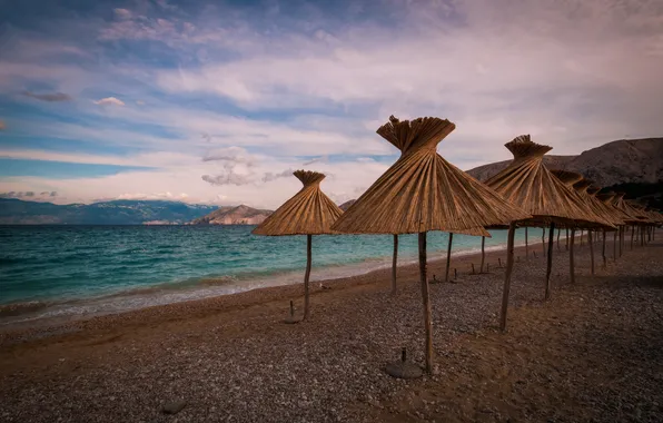Beach, umbrellas, Croatia, Adriatica, Primorje-Gorski