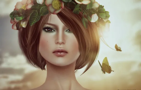 Picture girl, face, butterfly, haircut, portrait, brunette, wreath