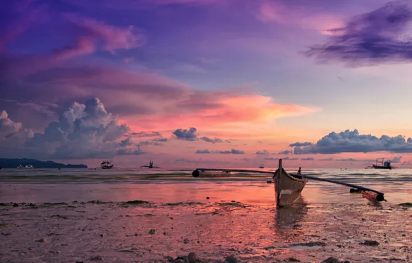 Picture the sky, clouds, sunset, the ocean, shore, boat, island, the evening