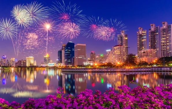Bright colors, flowers, night, the city, lights, reflection, blue, holiday
