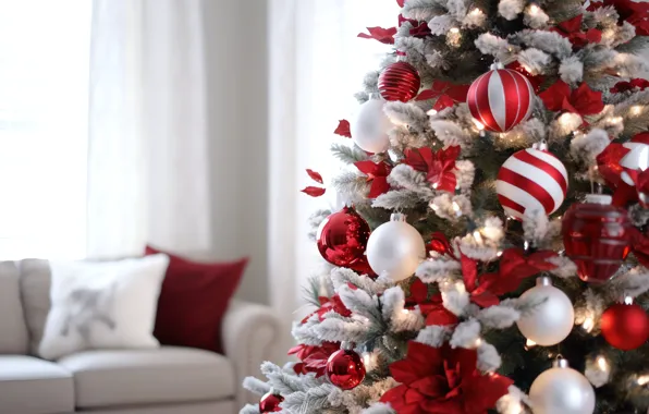 Balls, Christmas, red, New year, tree, white, herringbone, light background
