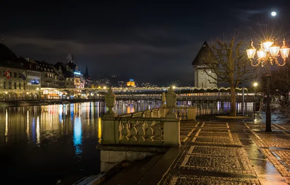 The sky, night, lights, river, the moon, home, Switzerland, lights