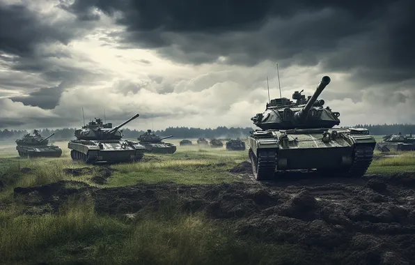 Picture Clouds, Field, Tanks, Digital art, AI art, The Art of Artificial Intelligence, Neural network, War …