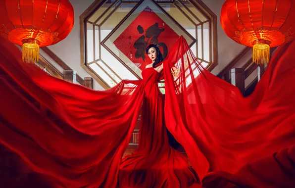 Picture pose, style, model, fabric, Asian, red dress, lanterns